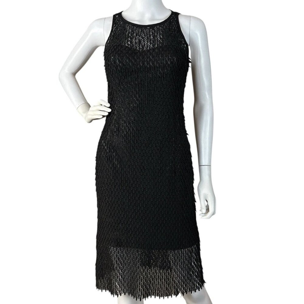ML Monique Lhuillier Textured Fringe Sheer Cocktail Evening Dress Black Size 2